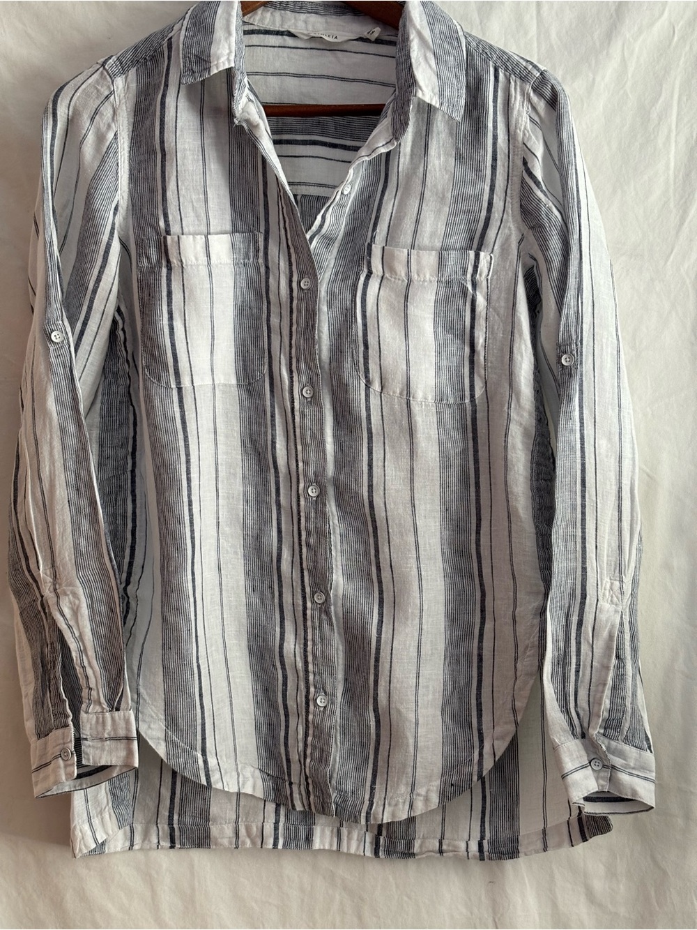Athleta 100% linen button down shirt in grey and white stripes x-small